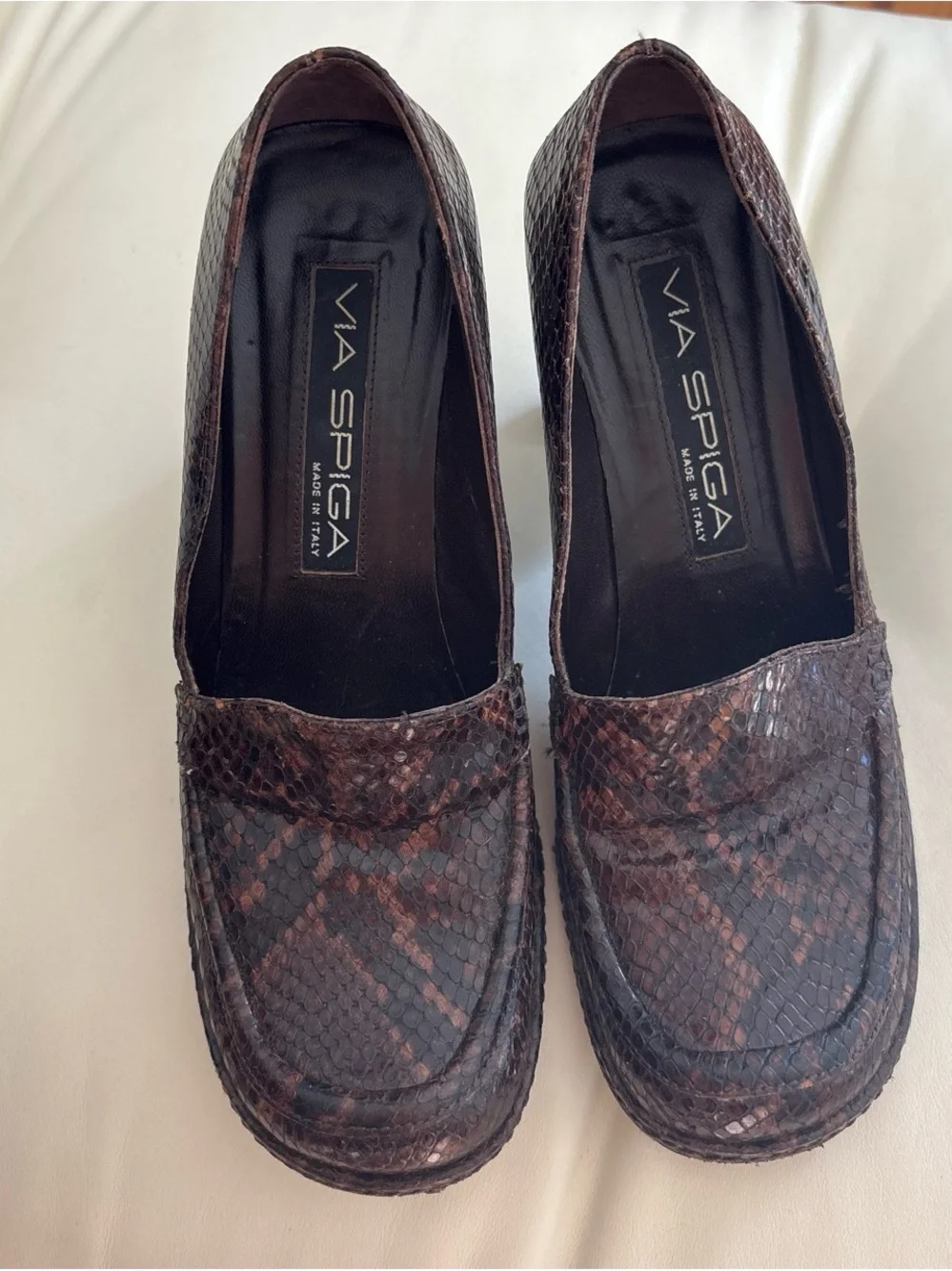 Via Spiga Brown Snake-Embossed Leather Block Heel Loafers